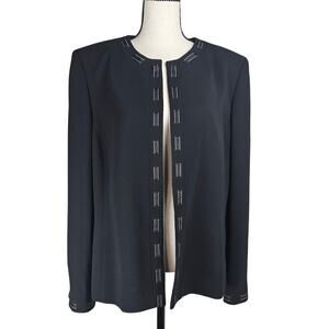 Kasper Blazer Women 14 Black Open Front Embellished Trim Lined Career Jacket